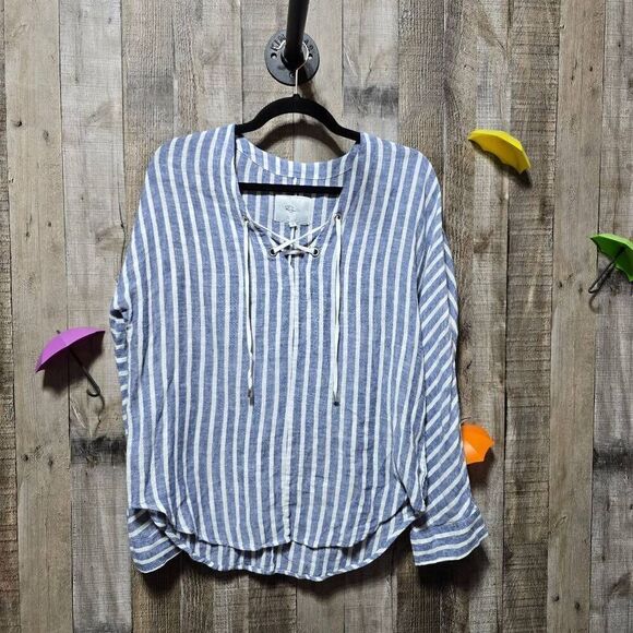 5/$25 Rails Lily Parisian Blue Stripe Linen Blend Top - Picture 2 of 5